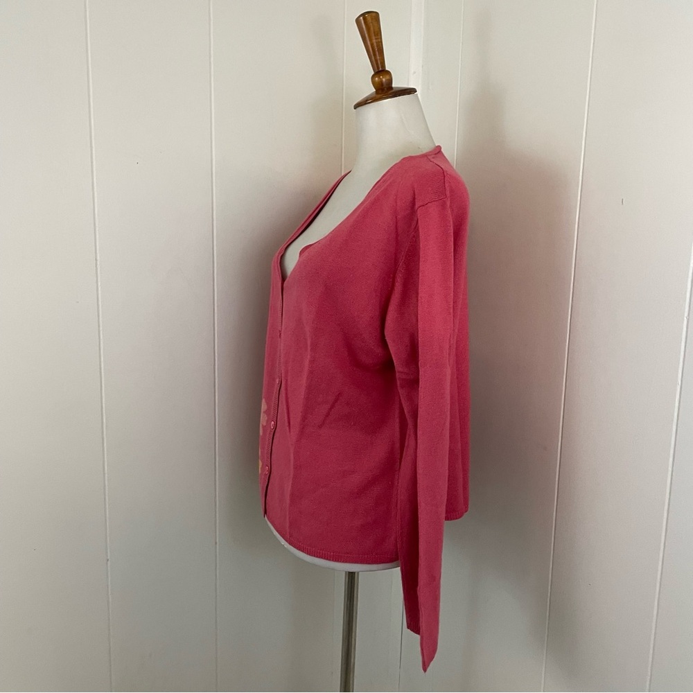 LL Bean Pink Cardigan Sweater Women’s M‎ Silk Cashmere Floral Knit V-Neck - Picture 5 of 8